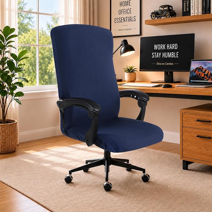 DIVA EN CAMINO DEC Universal Office Chair Cover with Durable Zipper, Soft Stretch Slipcover for High Back Chair, Navy