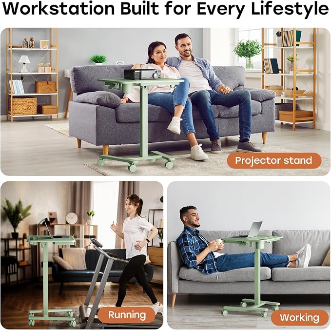 Small Mobile Standing Desk with Drawer, 23.6" x 19.7" Top | Height Adjustable Portable Laptop Desk with Wheels & Cup Holder, Sit Stand Computer Workstation for Compact Space, Sage Green