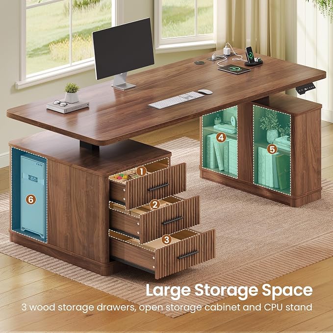SEDETA Modern Fluted Electric Standing Desk, 63" Height Adjustable Computer Desk with 3 Drawers, Storage Shelves, Power Outlets, Wood Home Office Stand up Desk for Work, Study, Writing, Brown