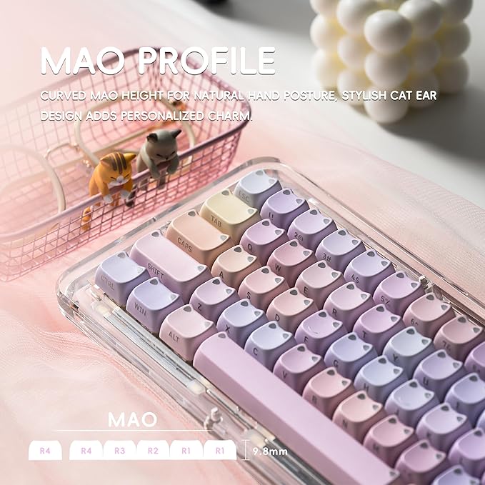 XVX Cute Shine Through Lumicat Keycaps, Mao Profile Purple PBT Keycaps for Mechanical Keyboard, Meow Meow Keyboard Keycap Sets Compatible with 65% 75% 96% 100% Cherry Gateron MX Switches Keyboards