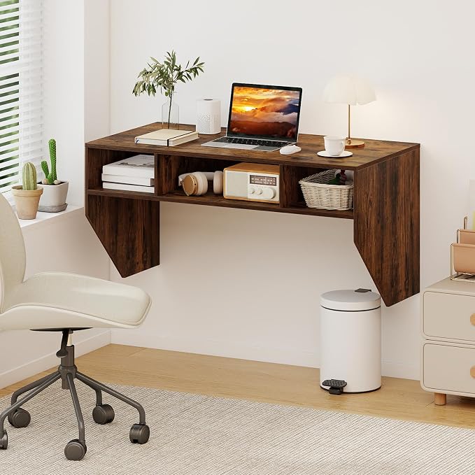 Giantex Wall-Mounted Computer Desk, Floating Laptop Desk with 3 Storage Compartments, Space-Saving Home Office Workstation Vanity Table for Bedroom, Study, Living Room (Rustic Brown)