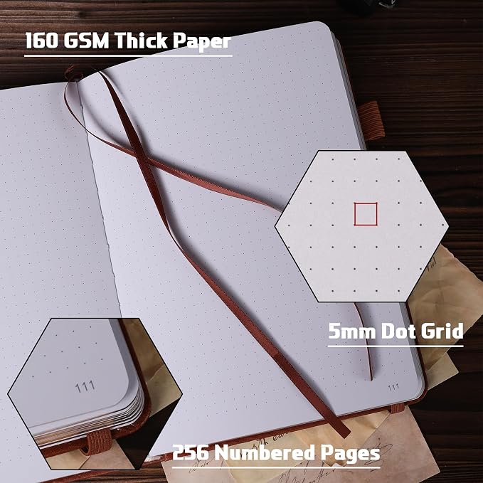TIEFOSSI Dotted Journal Notebook, 160gsm 256 Numbered Thick Paper, A5 Hardcover Dotted Grid Diary for Women Men Work Writing, Journaling, Drawing, 5.8 x 8.3 in