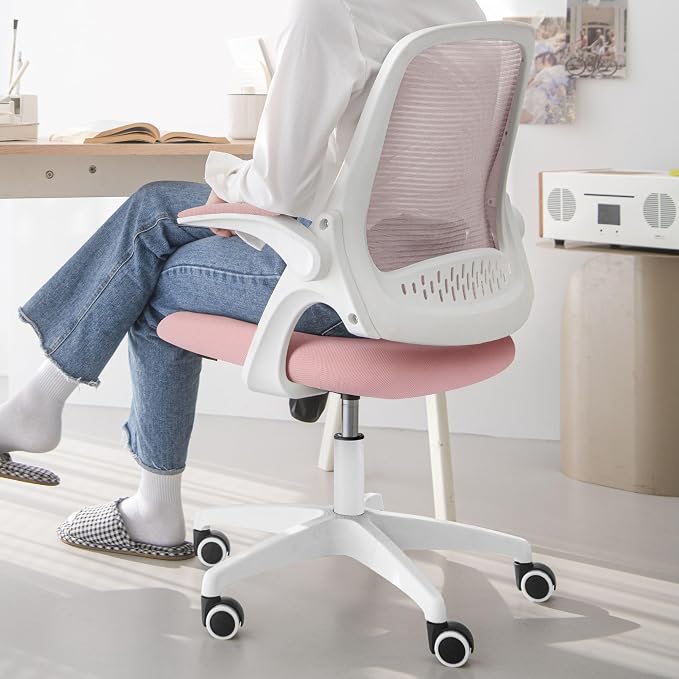 NEO CHAIR Office Desk Gaming Ergonomic Computer Chair with Lumbar Back Support Adjustable Height Swivel Rolling Wheels Flip-up Arms Mesh Chair for Home Vanity (Pink)