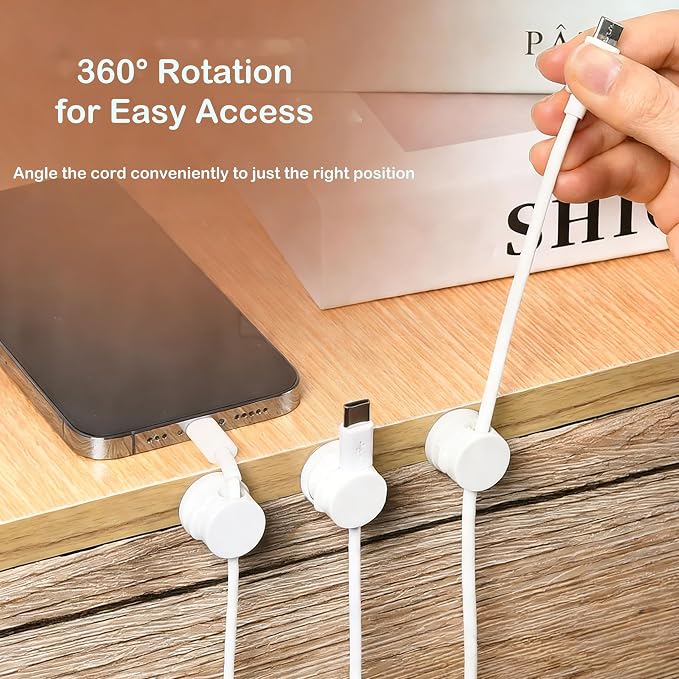 6PC 360° Rotatable Spring Cable Management, Cord Organizer Holder for Desk, Strong Adhesive Cable Clips Desk Accessories, Adjustable Wire Keeper for Nightstand, Home, Office, RV (White)