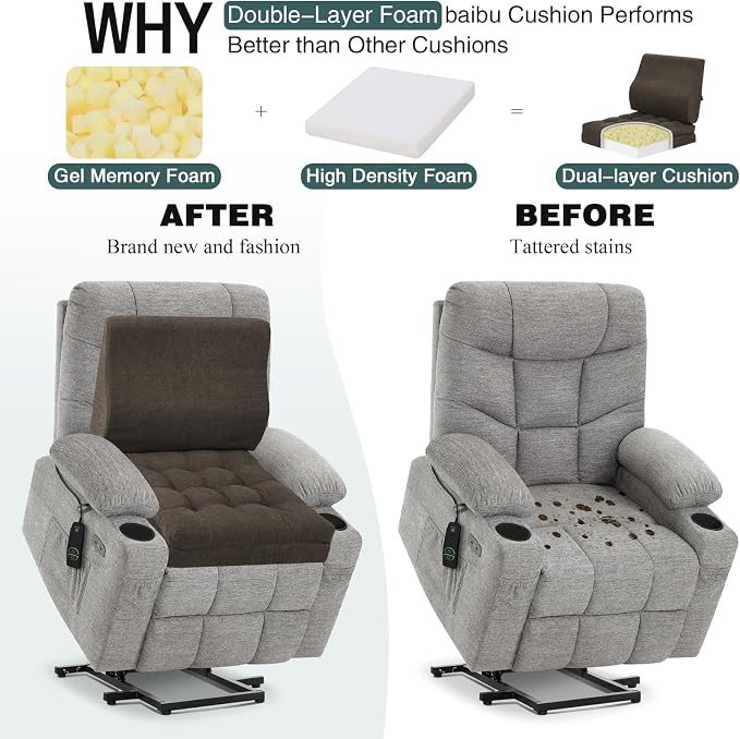 baibu Memory Foam Recliner Cushions with Lumbar Support Pillow Set for Elderly, 20x20x5 Inch Dual-Layer Design Non-Slip Recliner Seat Cushion & Back Support Pillow for Reduce Hip & Lumbar Pain, Brown