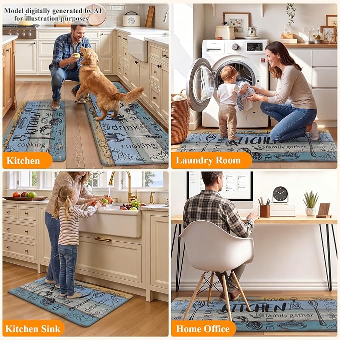 HEBE Anti Fatigue Kitchen Rugs Set of 2, Non Slip Cushioned Kitchen Mats for Floor, Waterproof Farmhouse Comfort Standing Desk Mat for Kitchen Sink,Office,Laundry