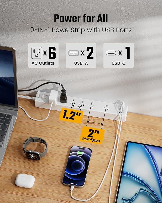 2 Pack Flat Plug Surge Protector Power Strip, 6ft Ultra Thin Extension Cord with 3 USB, SUPERDANNY 6 Outlets Charging Station, Wall Mountable Outlet Extender for Home Office, College Dorm Room