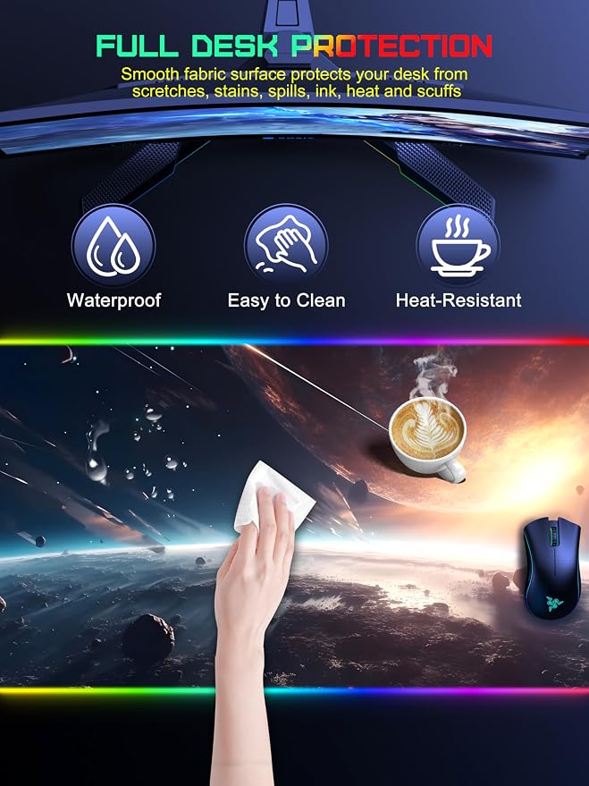 TopMade Wireless Charging Mouse Pad, RGB Gaming Mousepad Home Office Desk Pad, 31.5” x 15.8” Large Desk Mat, Waterproof Keyboard Pad, Cosmic Planet (Includes 20W PD Power Adapter & 6.56ft Woven Cable)