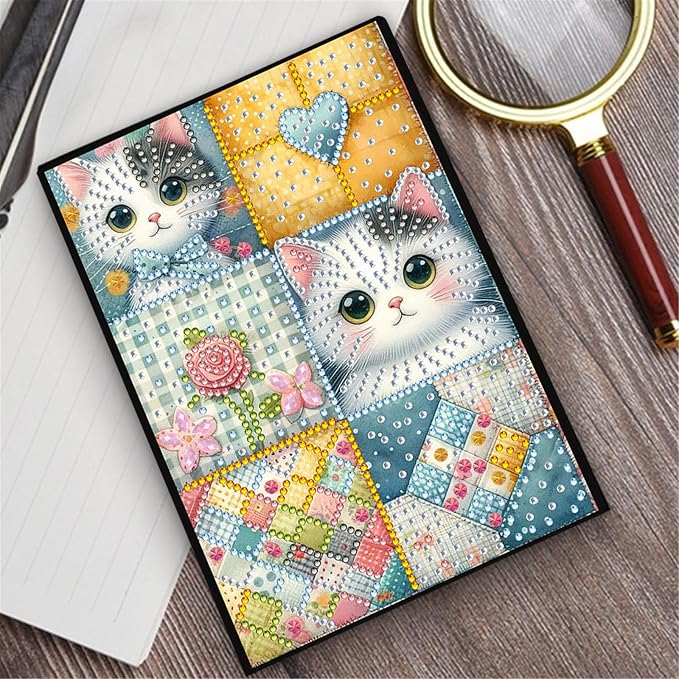 FRANDEK Diamond Art Painting Notebook Kit, Plaid Cat A5 DIY Journal with 50 Blank Pages, Crystal Rhinestone Cover with Waterproof Canvas, Beginner Craft Set with Full Tools for Adults