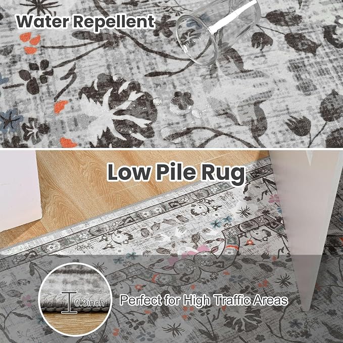 Vasofe 5x7 Rug for Living Room, Washable Rugs for Bedroom, Laundry, Dining Room, Vintage Floral Indoor Non Slip Carpet Farmhouse Grey Throw Carpets Soft Low Pile Mat for Dorm Bedside Office
