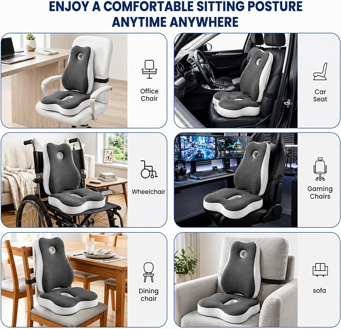 Ergonomic Memory Foam Seat Cushion & Lumbar Support Pillow Set, Coccyx Cushion for Tailbone Pressure Relief, Sciatica Relief & Lower Back Support, Office Chair, Gaming Chair, Car Seat, Wheelchair