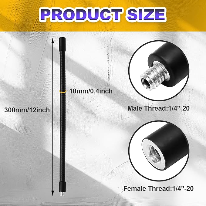 12" Gooseneck Tube Extension Holder,1/4"-20 Female to Male Thread Metal Universal Hose Flexible Arm for Phone Action Camera Microphone(2 PCS)