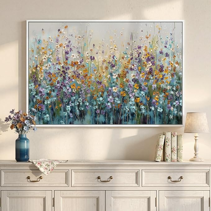 Framed Abstract Floral Wall Art, Blue Purple Green Flower Landscape Canvas Painting Prints, Modern Farmhouse Nature Colorful Wildflower Abstract Botanical for Living Room Bedroom Kitchen Decor, 24x36