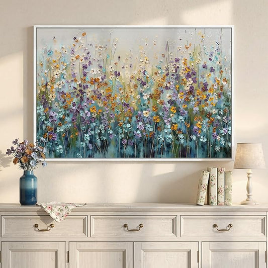 Framed Abstract Floral Wall Art, Blue Purple Green Flower Landscape Canvas Painting Prints, Modern Farmhouse Nature Colorful Wildflower Abstract Botanical for Living Room Bedroom Kitchen Decor, 24x36