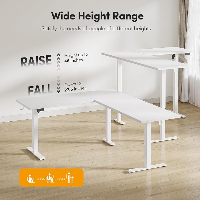 CubiCubi L Shaped Standing Desk 75 x 63 Inch Adjustable Height, Electric Corner Desk, Sit Stand Home Office Desk with Splice Board, White(2 Packages)