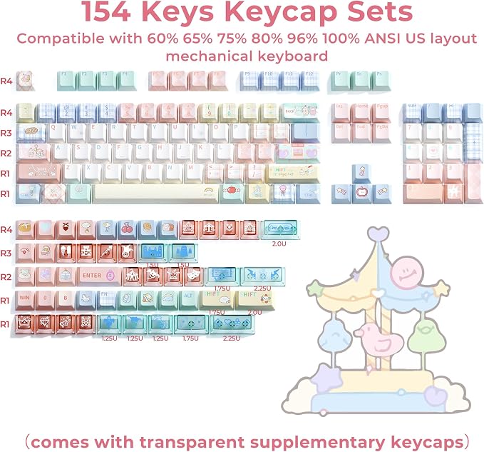 GMKWTL XVX PBT Keycaps 75 Percent, 157 Keys Cute Dye-Sub Keycap Set, Cherry Profile Keyboard Keycaps with Custom Transparent Key caps Compatible with Most ANSI Layout MX Switches Mechanical Keyboard