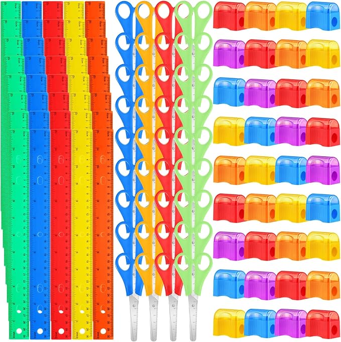 AmazingSpark 108 Pcs Operation Christmas Gifts 36 Clear Plastic Ruler 12 Inch 36 Safety Blunt Tip Student Scissors 36 Miniature Pencil Sharpeners with Cover for Operation Christmas Gifts Bags Stuffers