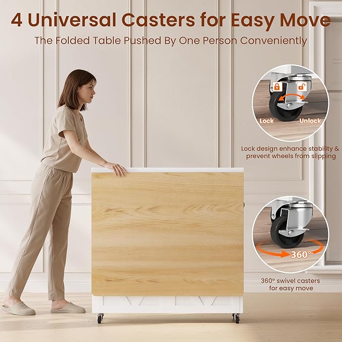 Jocoevol Folding Dining Table for Small Spaces, Foldable Kitchen Table with Drawer, 2-Tier Storage Shelf & Wheels, Space Saving Dining Table for 2 4, Farmhouse, Natural