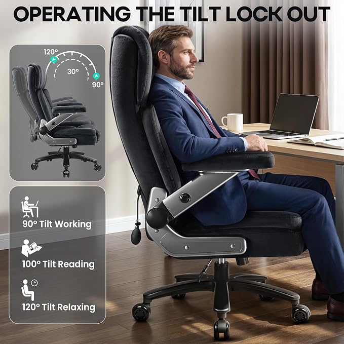 Fabric 700LBS Large Heavy Duty Office Chair with 5D Flip Arms, Big and Tall Cloth Office Chair,High Back Computer Executive Desk Chair with Adjustable Lumbar Support,Dual Rubber Wheel(Black)