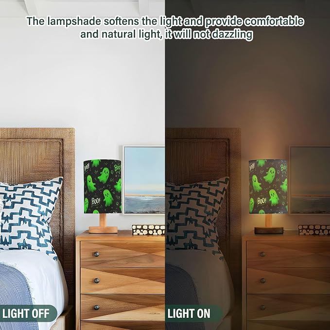 Dussdil Halloween Green Ghost Table Lamp Bedroom Bedside Night Reading Desk Lamps Cylinder Nightstand Sleeping Light Lamp for Kids Living Room Office Decor