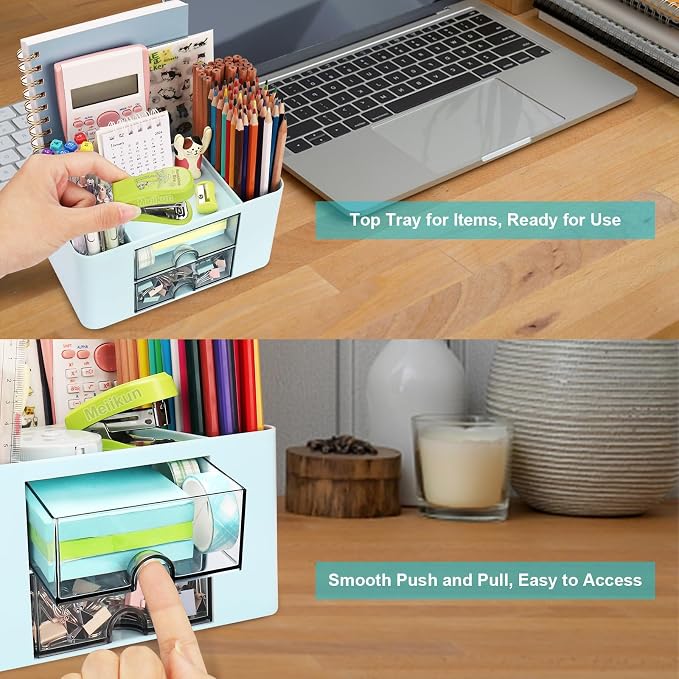 Meiikun Plastic Pen Organizer, Multifunctional Desk Organizer with 2 Drawers, 4 Compartments & a Top Tray, Pencil Holder Desktop Organizers and Accessories for Office, 7.7" x 5.5" x 3.9" (Blue)