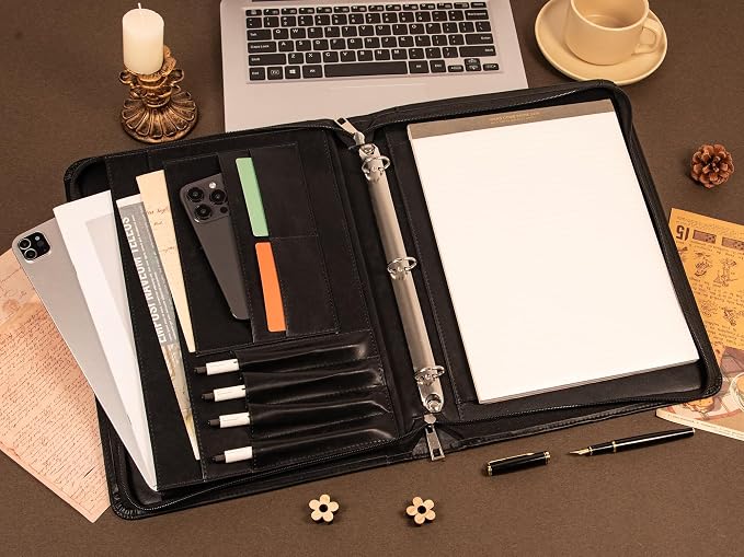 AZXCG Leather Padfolio for Men,Zippered Padfolio with 3 Ring Binder,Business Portfolio Organizer with A4 Writing Pad Holder, Portfolio Binder for Meeting,Gift for Father's Day