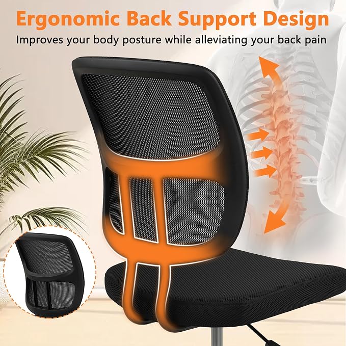 CLATINA Armless Home Office Chair, Small Ergonomic Mesh Back Desk Chair with Lumbar Support and Wheels, Adjustable Height 360° Swivel Rolling Computer Chair for Conference Waiting, Black, 8Pack