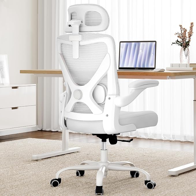 Ergonomic Office Chair: Mesh Desk Chair Comfy with Headrest& Lumbar Support | Ergalithic Big and Tall Office Chairs with Wheels & Flip-Up Arms-Computer Gaming Chairs for Adults Home Office Chairs(White)