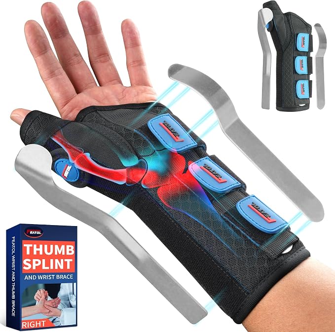 FEATOL Carpal Tunnel Wrist Brace Night Support, Thumb Spica Splint Left Hand for De Quervains Tenosynovitis, Tendonitis, Thumb Brace for Women Men, Black Blue, Medium/Large