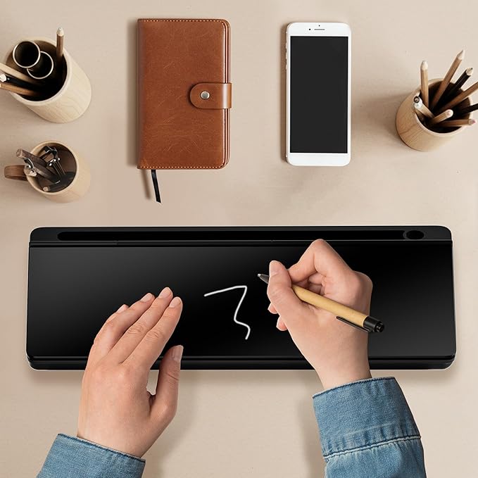 Glass Desktop Whiteboard, Dry Erase Board with Marker Holder, Computer Monitor Message Board and Desk Organizer for Home, Office and School Supplies (Black)
