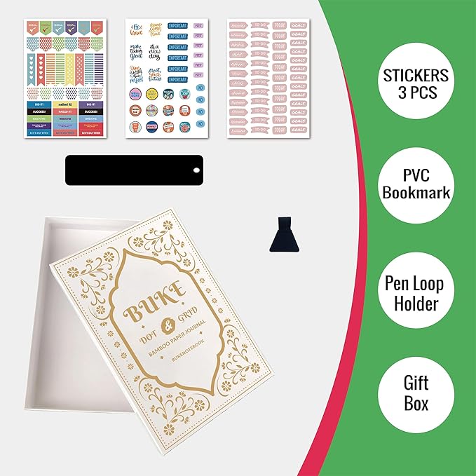 BUKE Dotted Notebook Journal 180GSM Bamboo Thick White Paper 160 Pages 5 * 5MM Dot Grid, Lay Flat Binding,Colored Silver Edges, Bookmarks and Expandable Back Pocket (BKP-6)
