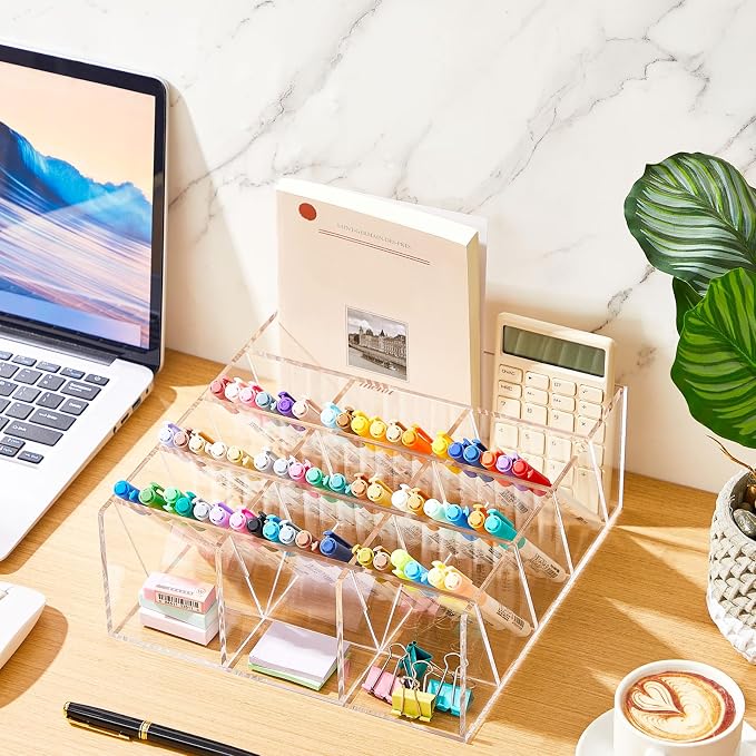 MotiMind Acrylic Pen Organizer Storage for 150 Markers Vertical Marker Organizer Acrylic Pen Display Holder for Office Desk Desktop Stationery Pencil Storage, Clear, 10.2 x 4 x 9.8 Inch