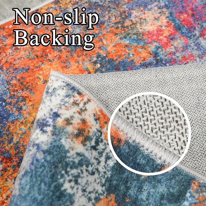 RUUGME Abstract 9ft Round Rug - Large Washable Rugs for Living Room Abstract Colorful Rug Indoor Non Slip Low Pile Carpet Bedroom Soft Foldable Stain Resistant Distressed Thin Mat 9ft Colorful/Multi