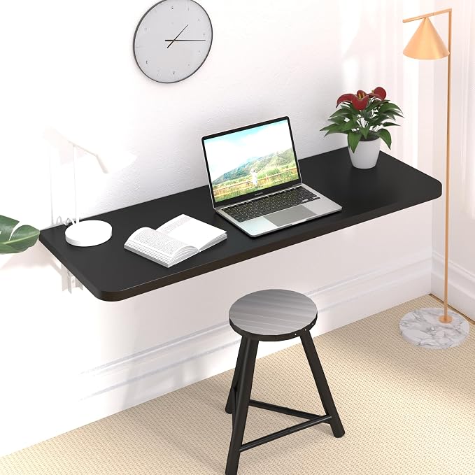 47.2" x 15.7" Wall Mounted Folding Table, Heavy Duty Foldable Computer Desk with Brackets, Wood Floating Desk for Kitchen Dining Room, Wall Desk Fold Down Workbench for Small Spaces (Black)