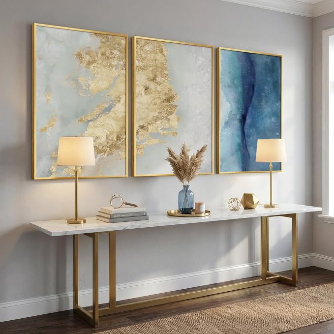 Large Framed Abstract Wall Art for Living Room, Luxury Modern 3 Piece Blue and Gold Prints Paintings Artwork for Walls, Contemporary Elegant Pictures Wall Decor for Dining Room Bedroom Office 24x36 In