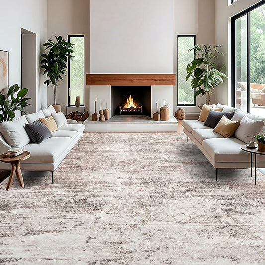 Washable Abstract Area Rug 12x15 - Large Soft Rugs for Living Room Non Slip Indoor Carpet for Bedroom Living Room Farmhouse Distressed Stain Resistant Floor Decor Mat 12x15 Brick/Brown/Beige