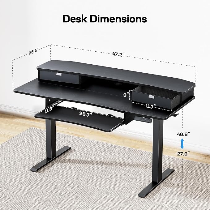 HUANUO 48" x 26" Electric Standing Desk, 2 Drawers & Keyboard Tray, Black | Ergonomic Desk with 2 Drawers: 27.9"-46.8" electric lifting. 26.7" keyboard tray & C-clamp mount top maximize workspace