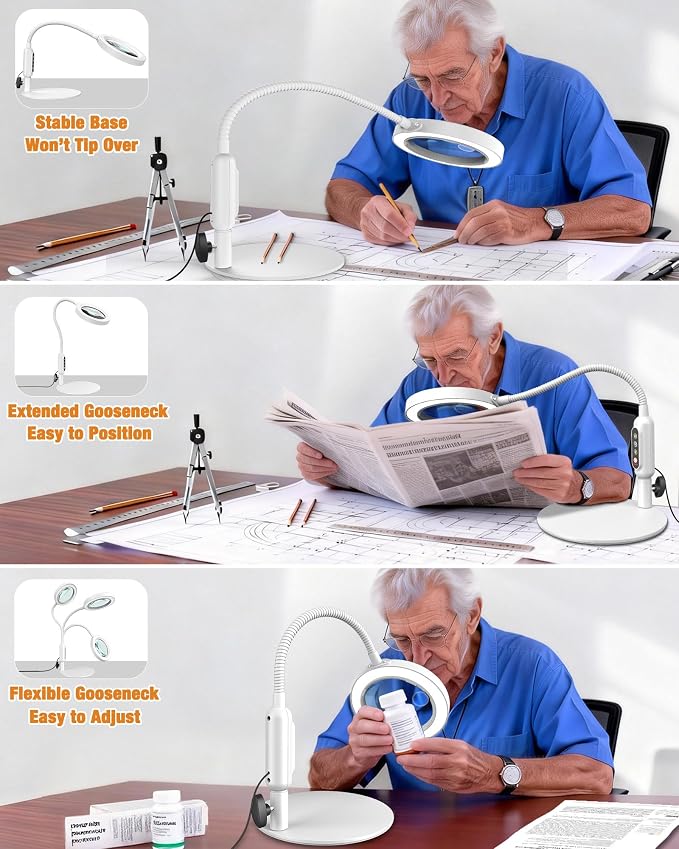 Magnifying Glass with Light and Stand, 5 Color Modes Stepless Dimmable, Optical Grade HD Lens, LED Lighted Magnifier Hands Free with 16in Flexible Gooseneck for Close Work - White