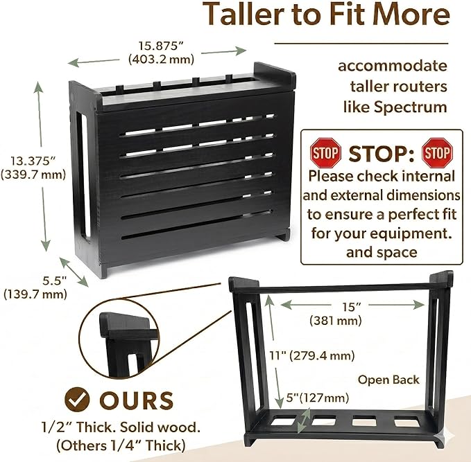 WiFi Router Storage Cabinet Router Box Hider WiFi Box Hider Shelf Cover | Standard • Pine Wood • Black Finish • Seamless Side Panel Design • Fits Routers Up To 11" • Wall Mount Or Desktop Placement