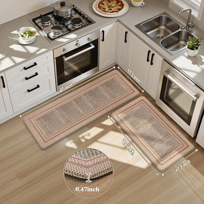 KIMODE Anti Fatigue Kitchen Mats for Floor,Farmhouse Kitchen Rugs Sets of 2 | Cushioned Kitchen Floor Mats,Comfort Standing Mat for Kitchen Decor Laundry Office Desk Apart Grayish Brown 17"x47"+17"x29"