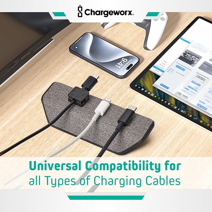 CHARGEWORX Magnetic Cable Organizer – 4 Pack - Weighted Non-Adhesive Cord Holder with 3 Magnetic Clips for USB-C, Lightning & MagSafe Cables – Desk, Office & Nightstand Cable Management