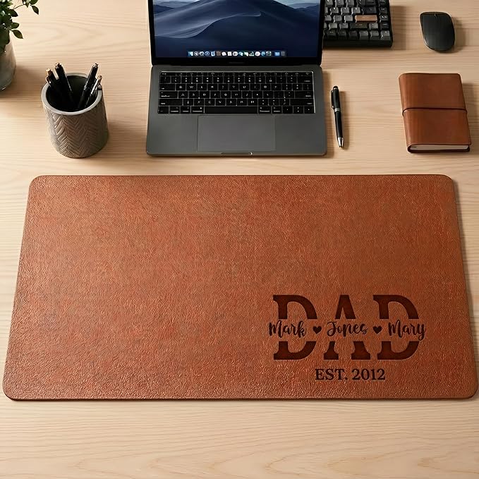 Personalized Leather Desk Mat for Dad, Engraved Kids Name Large Mouse Pad, Non-Slip PU Leather Blotter, Fathers Day Desk Mat