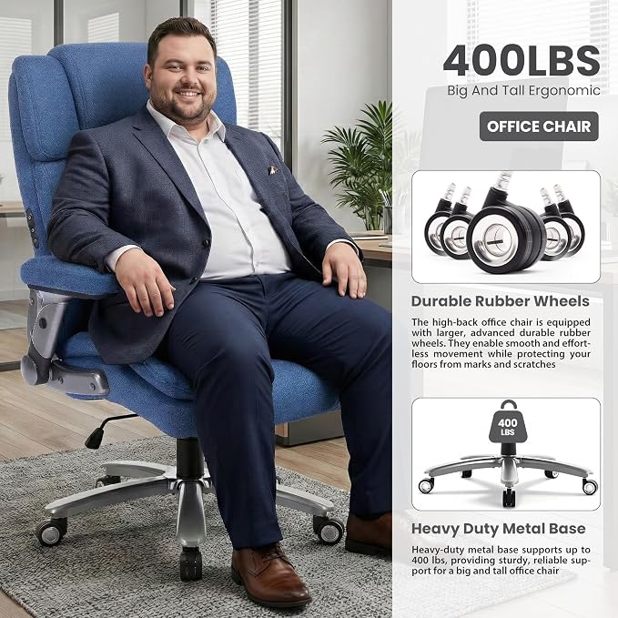 400lbs Big and Tall Executive Chair, Heavy Duty High Back Home Desk Chair | Ergonomic Office Chairs with 3D Kneading Massage, 3D Armrests, 5 Quiet Dual Rubber Wheel, Thick Pocket Spring Cushion