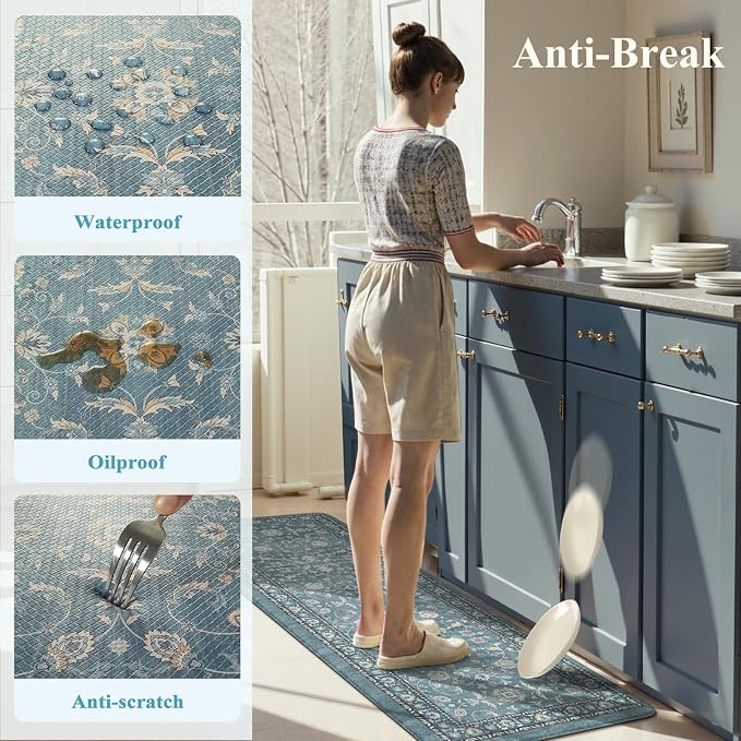 KIMODE Kitchen Floor Mat Anti Fatigue, Cushioned Kitchen Rug 2 Piece | Blue,Memory Foam Kitchen Mat for Floor Cushioned ,Boho Vintage Floral Kitchen Rug Non Slip for Laundry Sink Office Home Decor