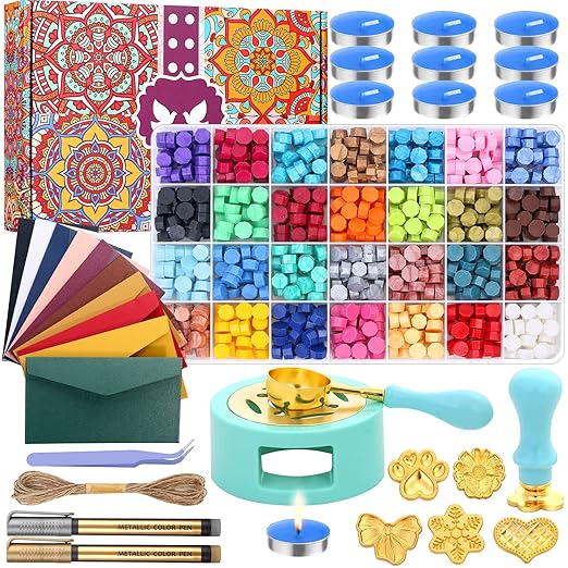 Upgraded Wax Seal Stamp Kit, Anezus 790pcs Sealing Stamp Kit with Wax Seal Beads, Stamps, Warmer, Vintage Envelopes, and Gift Box for Letter Sealing, Invitation Cards, Craft Decoration