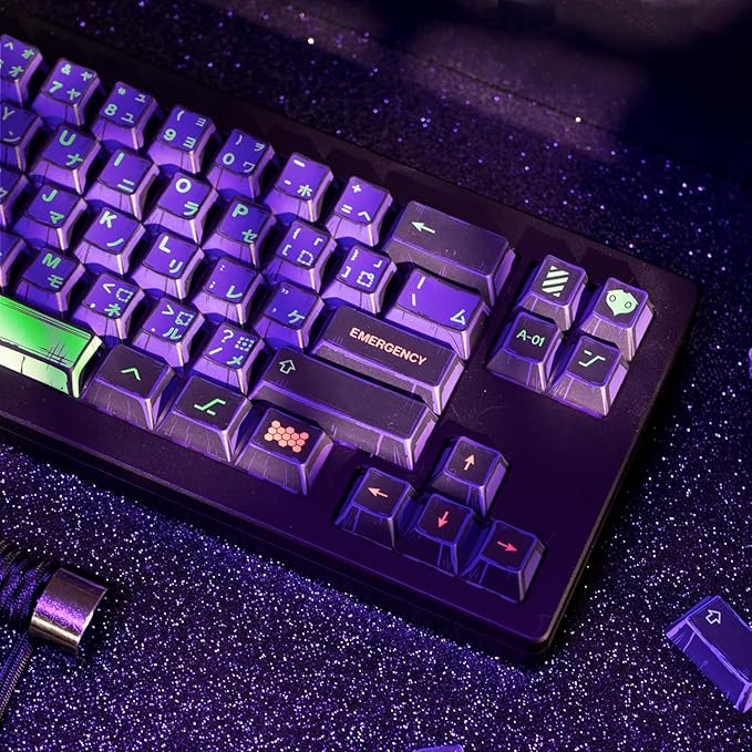 Manga Themed Japanese Keycaps, Retro PBT Keyboard Key Caps Dye Sublimation KeyCap with Cherry Profile, 130 Keys Purple Custom Keycap Sets for Cherry MX Mechanical Keyboard