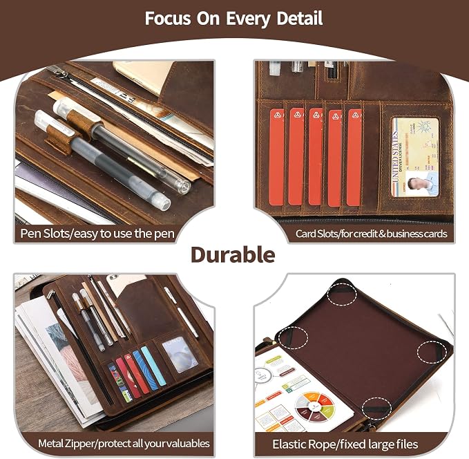 Ringsun Genuine Leather Portfolio Organizer for Men Women with Handle, Full Grain Leather Padfolio Folder with Zipper Business Resume Portfolio for 12.9" iPad, Brown, RS118