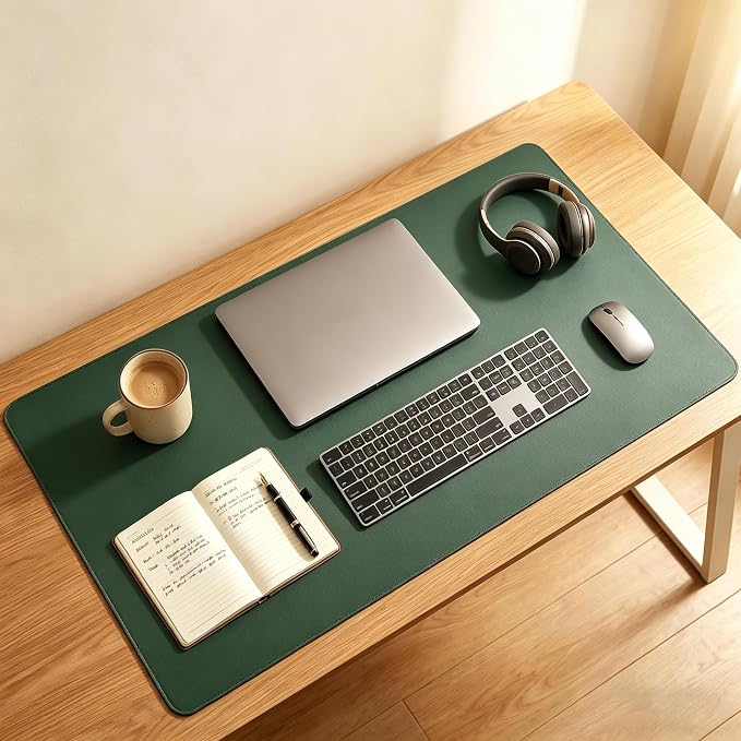 Leather Desk Mat, Office Writing Desk Pad, Large 16" x 35" Dark Green, for Top of Desks, Gift Ready Elegant Computer Desk Cover Protector PU Leather