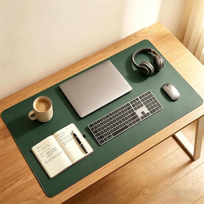 Leather Desk Blotter Pad 16 x 24 Inches, Flat, Non-Slip, Waterproof, Dark Green