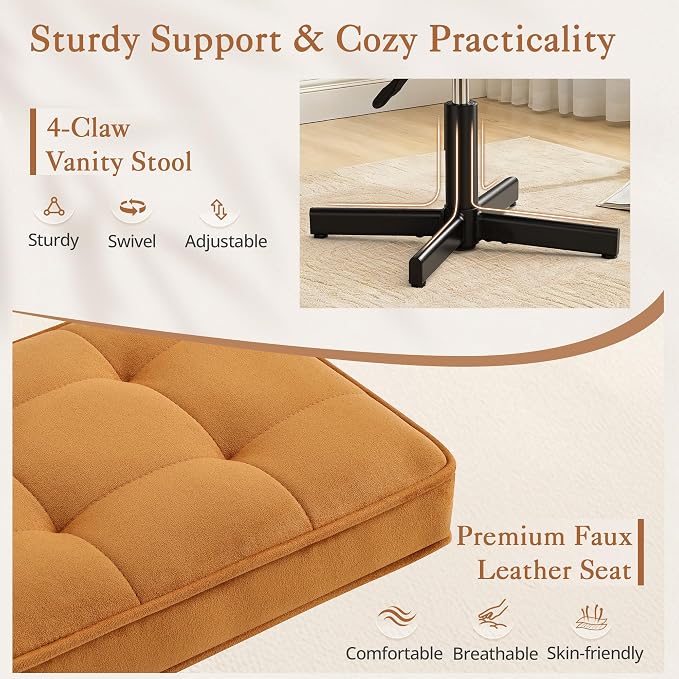 LUE BONA Adjustable Vanity Stool, 15''-19.5'' Foot Rest Under Desk, 360° Swivel Vanity Chair for Makeup Room, Ginger Yellow Upholstered Suede Ottoman for Bathroom & Living Room, 300lbs